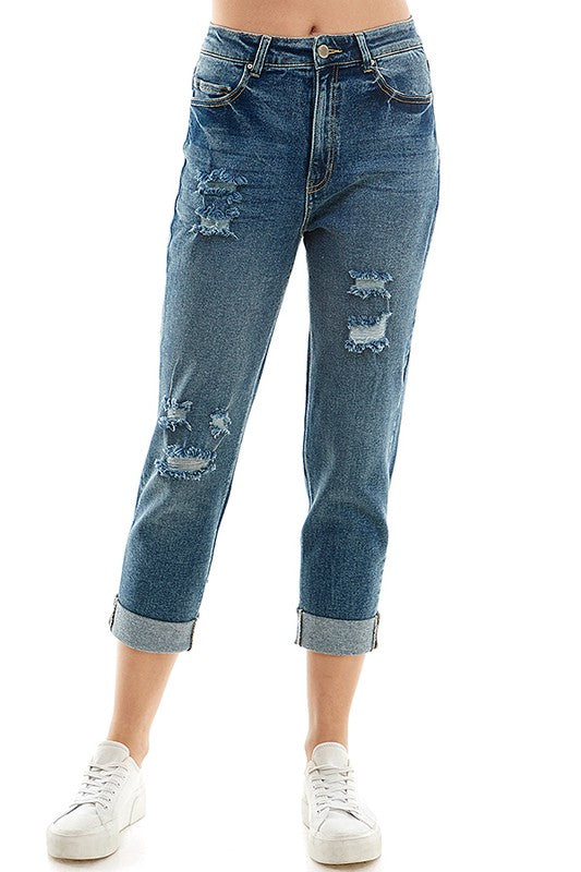 ROOL-UP DISTRESSED HIGH RISE STRETCH MOM JEANS