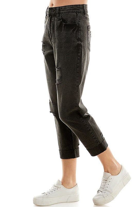 ROOL-UP DISTRESSED HIGH RISE STRETCH MOM JEANS