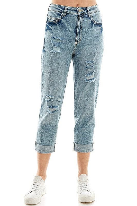 ROOL-UP DISTRESSED HIGH RISE STRETCH MOM JEANS