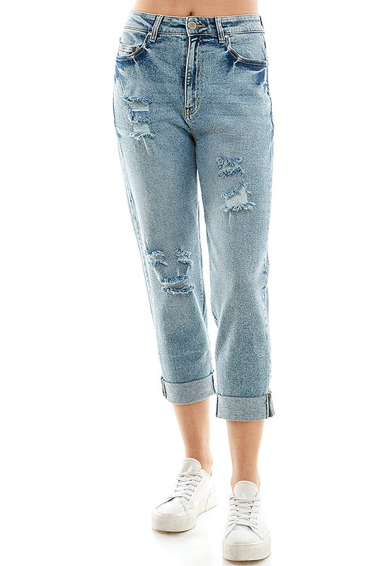 ROOL-UP DISTRESSED HIGH RISE STRETCH MOM JEANS