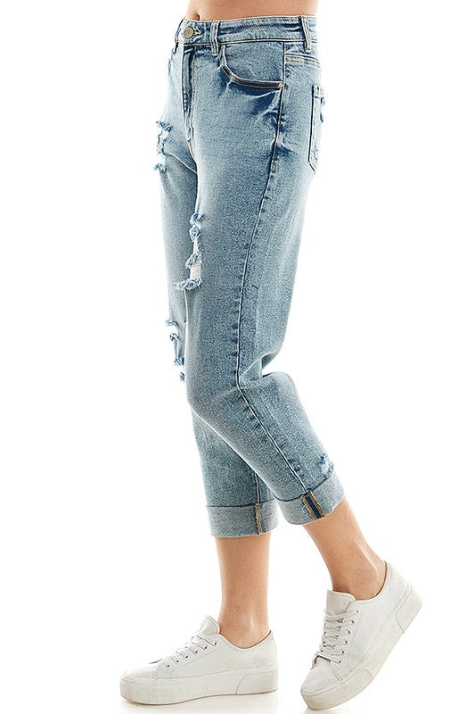 ROOL-UP DISTRESSED HIGH RISE STRETCH MOM JEANS