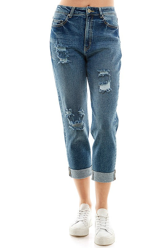 ROOL-UP DISTRESSED HIGH RISE STRETCH MOM JEANS