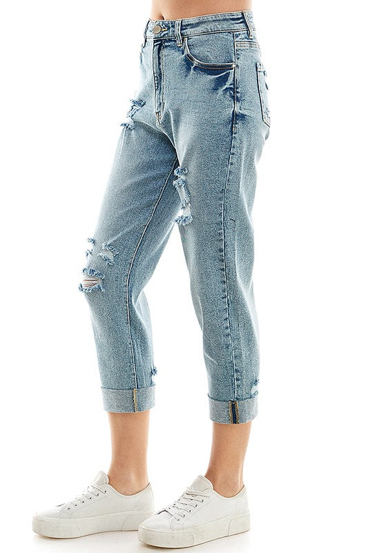 ROOL-UP DISTRESSED HIGH RISE STRETCH MOM JEANS