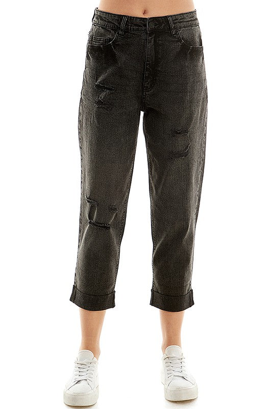 ROOL-UP DISTRESSED HIGH RISE STRETCH MOM JEANS