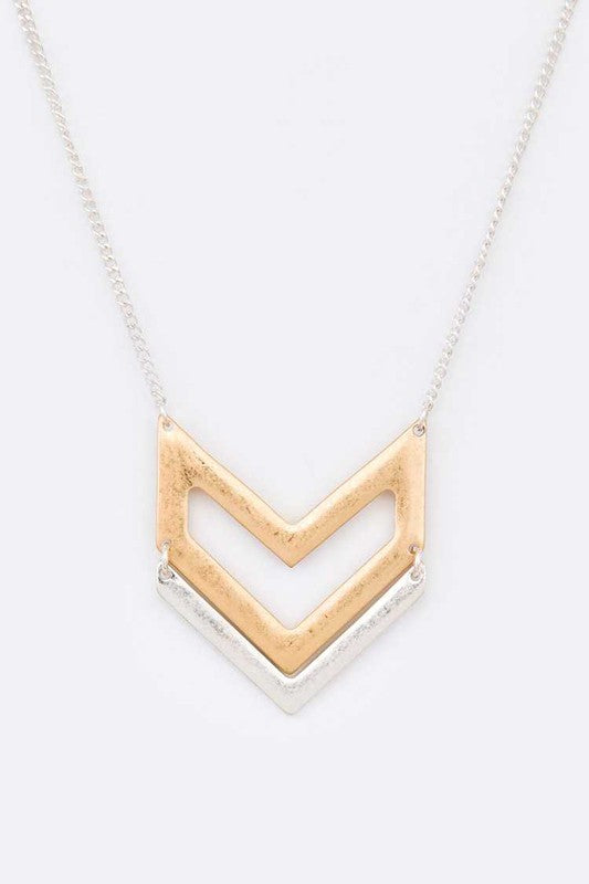 Chevron 2 Tone Metal Pendant Necklace