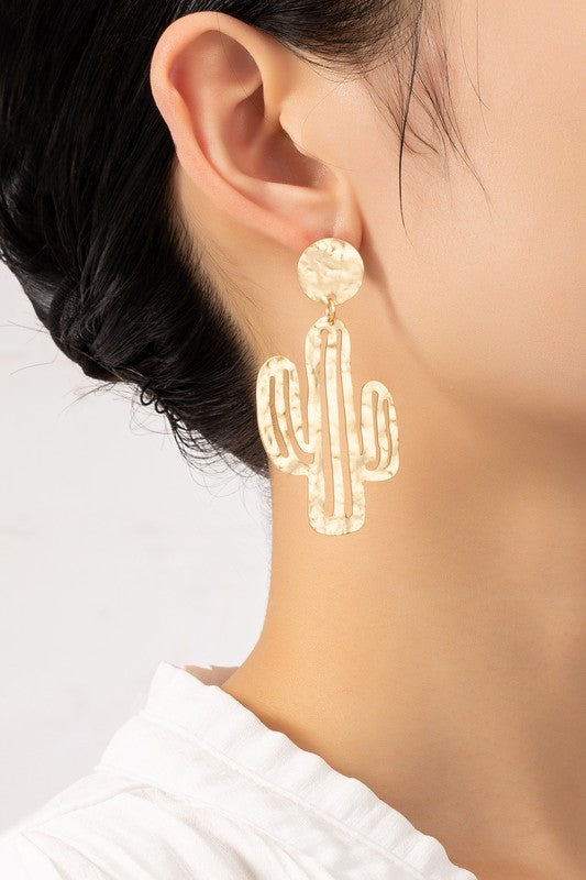 Hammered thin metal openwork cactus drop earrings