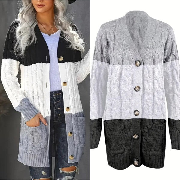 Cable knit button cardigan with pocket